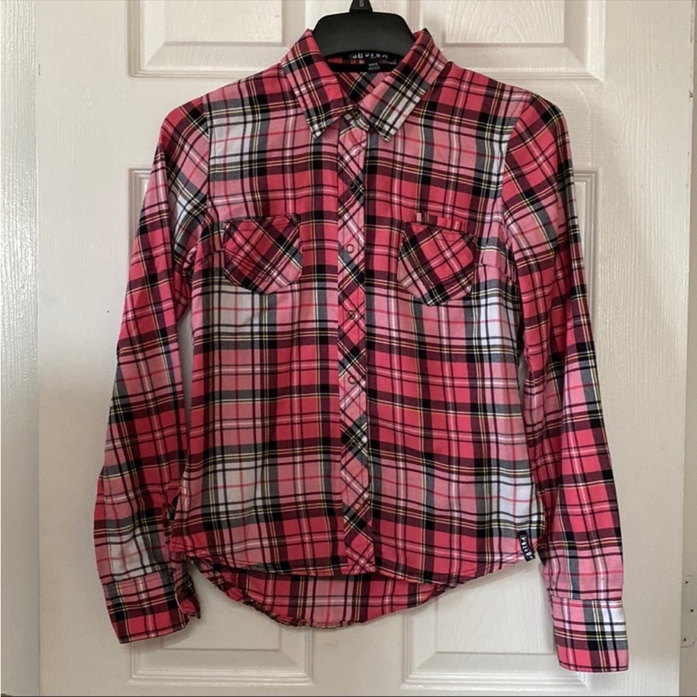 Volcom Y2K Surfer Girl Pink Plaid Flannel Button Down Shirt